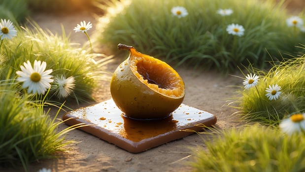 Halved Juicy Fruit on Tile with Natural Meadow and Flowers photo