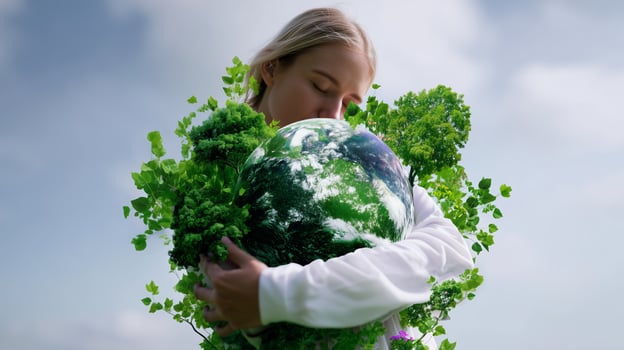 Woman embraces green earth surrounded by lush plants in bright sky while conveying a message of environmental care and love photo
