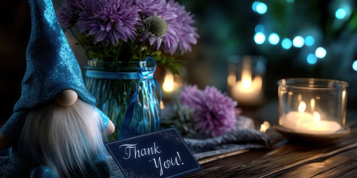 Thank you decorations featuring a gnome with flowers and candles on a wooden table during a cozy evening setting photo