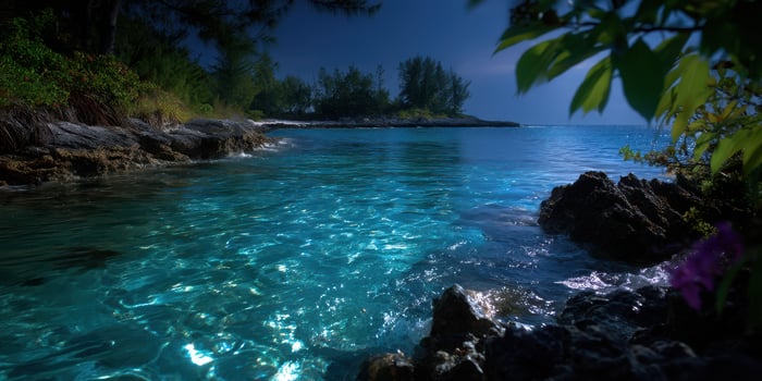 Coastal serenity at night with moonlit waters and tropical vegetation along the shores photo