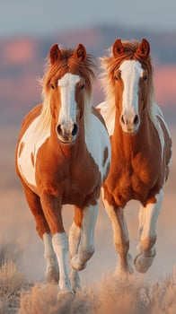 Horses galloping across a desert landscape during golden hour with mountains in the background photo