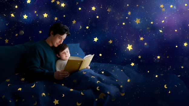 Father and child enjoy a cozy bedtime story under a starry night sky photo