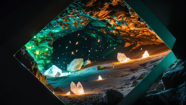 Exploring an Illuminated Cave with Floating Insects and Crystalline Rocks photo