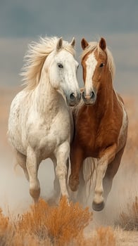 Majestic horses running together in a dusty landscape during golden hour photo