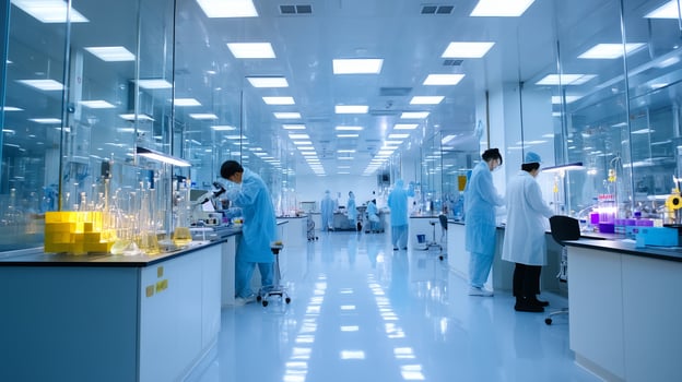 Modern laboratory with scientists conducting research and experiments in a clean, well-lit environment photo