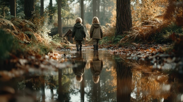Children explore a serene forest stream reflecting autumn foliage during a tranquil afternoon photo