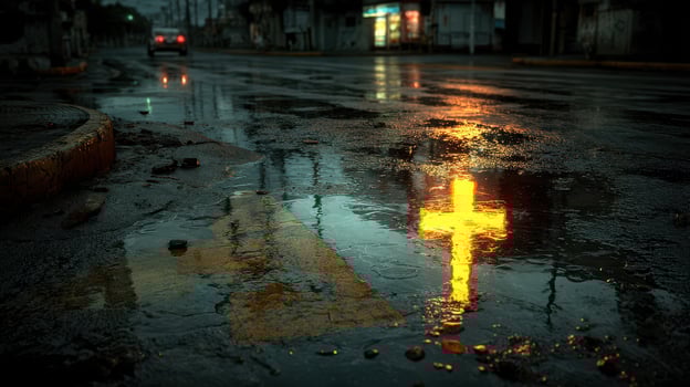 Reflections of a cross on wet pavement in a quiet street during nighttime photo