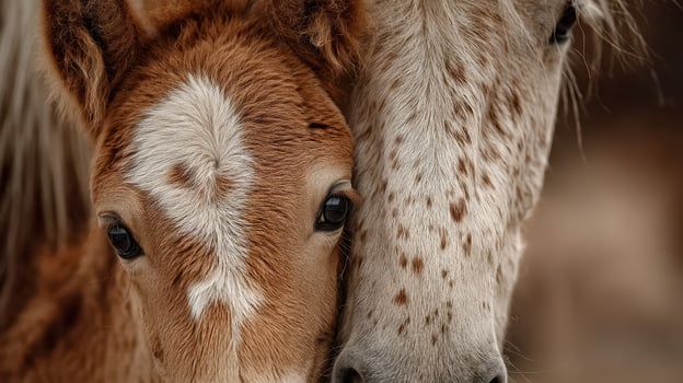 Close bond between a foal and its mother highlights the beauty of nature in a serene farm setting photo