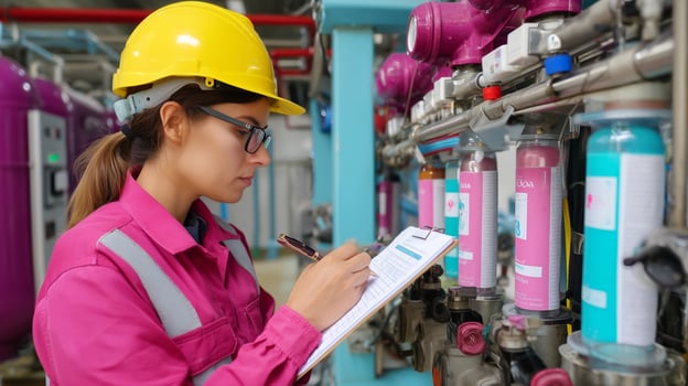 Engineer inspecting equipment and recording data in a modern industrial facility during the daytime photo