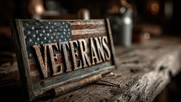 Wooden veterans sign featuring American flag detail on a rustic table in a veteran recognition center photo