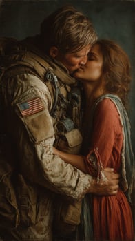 Military couple shares an emotional kiss during reunion in a somber setting while wearing historical clothing styles photo