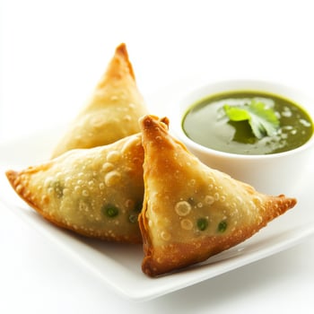 A close-up of a crispy samosa, filled with spiced potatoes and peas, served with tamarind chutney photo