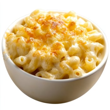 A close-up of a bowl of macaroni and cheese, its pasta creamy and cheesy, topped with a golden brown photo