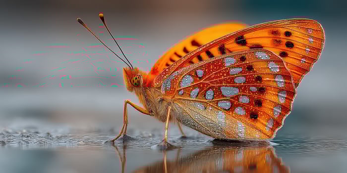 Bright orange butterfly with distinctive blue spots perched on wet surface in natural setting during sunny day photo