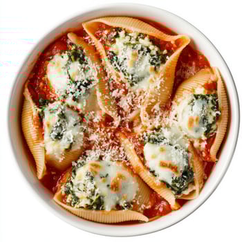 A bowl of spinach and ricotta stuffed shells, with large pasta shells filled with a creamy spinach photo