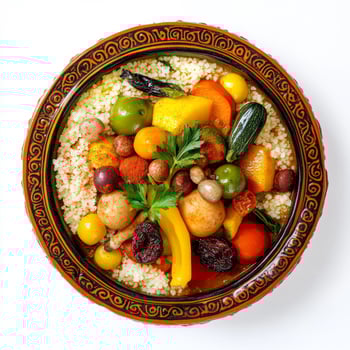 A bowl of couscous with vegetables and other ingredients photo
