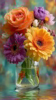 Vibrant bouquet of fresh flowers in water with droplets, displayed on a colorful background photo