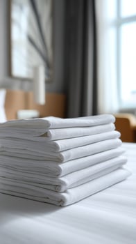 Fresh White Linens Neatly Stacked on a Bed in a Bright, Modern Hotel Room photo