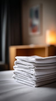 Neatly Stacked White Sheets on a Bed in a Cozy Hotel Room During the Evening. photo