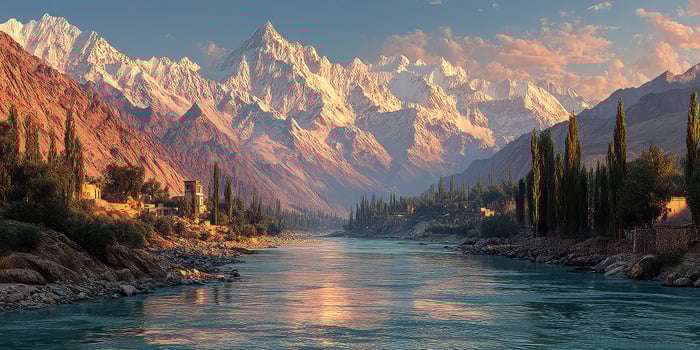 Majestic mountain range with snow peaks reflecting in tranquil river at sunset photo