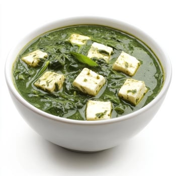 A bowl of palak paneer, with creamy spinach and paneer cheese, cooked in a flavorful gravy, isolated on clean white background. photo
