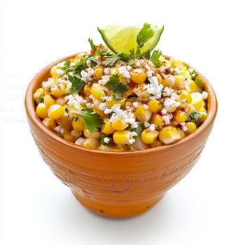 A vibrant plate of esquites, a Mexican street food snack, made with grilled corn kernels, mayonnaise, cotija cheese, chili powder, and lime juice, served in a cup, isolated on clean white background. photo
