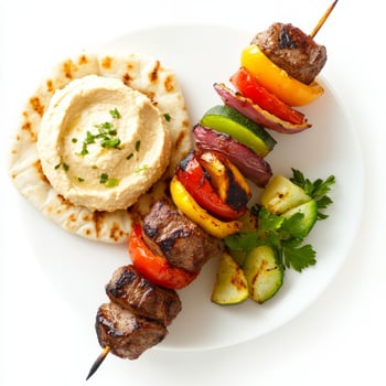 A close-up of a perfectly grilled lamb kebab, skewered with colorful vegetables, served with a side of hummus and pita bread. The lamb kebab, with its smoky flavor and tender meat, offers a delightful photo