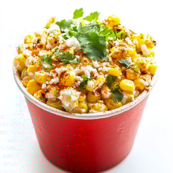A red cup filled with corn and cilantro photo
