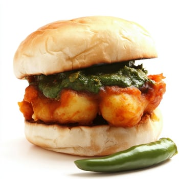 A sandwich with potatoes and green sauce photo