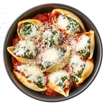 A bowl of pasta with cheese and spinach photo