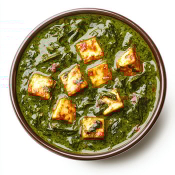 Indian spinach curry with tofu in a bowl photo