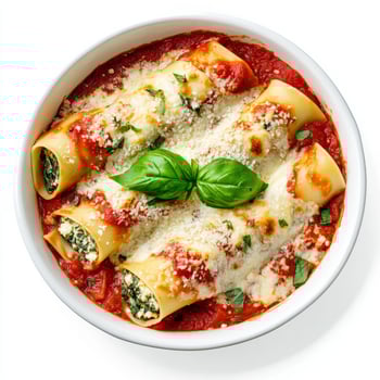 A bowl of spinach and ricotta stuffed cannelloni, with large pasta tubes filled with a creamy spinach and ricotta mixture, topped with marinara sauce and melted mozzarella cheese, sprinkled with photo