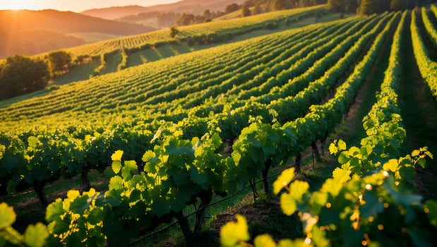 Vineyard Rows at Sunset Green Leaves and Rolling Hills Landscape photo