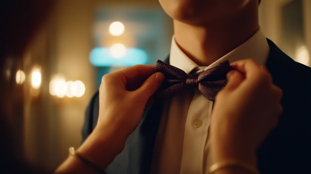 Preparing for an elegant evening as someone adjusts a bow tie in a softly lit setting photo