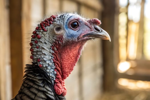 a close up of a turkey's head with red feathers photo