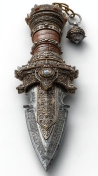 Intricately designed dagger with ornate hilt and decorative ball pendant displayed on a light background photo