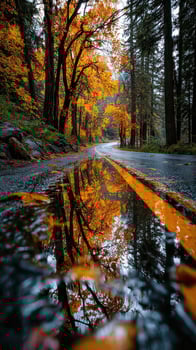 Autumn foliage creates vibrant reflections along winding road in a forest during early morning light photo