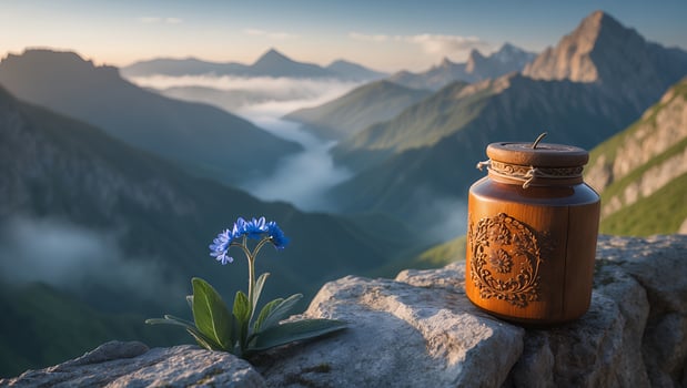 Jar and Blue Flower Overlooking Misty Valley Mountain Vista photo