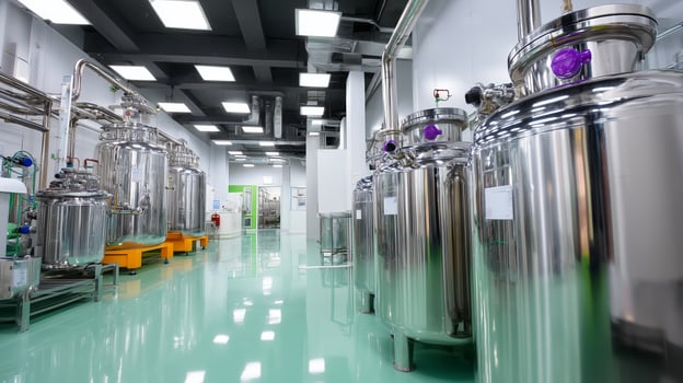 Industrial facility displaying stainless steel tanks and equipment for processing in a modern manufacturing environment photo