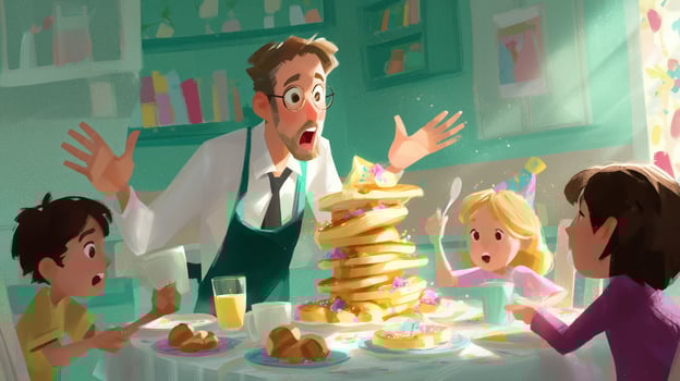 Father and children share a chaotic breakfast celebration filled with pancakes and laughter in a bright kitchen photo