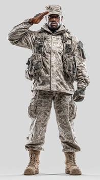 Soldier in camouflage uniform standing tall and saluting with pride in a neutral background photo