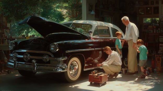 Family bonding time while fixing a classic car in a cozy garage during a warm afternoon photo