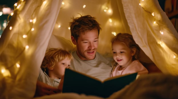 Father reads a bedtime story to children in a cozy tent filled with fairy lights photo
