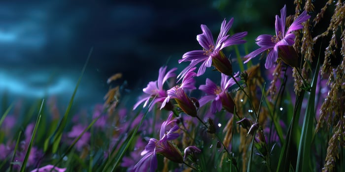 Vibrant purple flowers bloom in a lush green field under a mysterious night sky photo