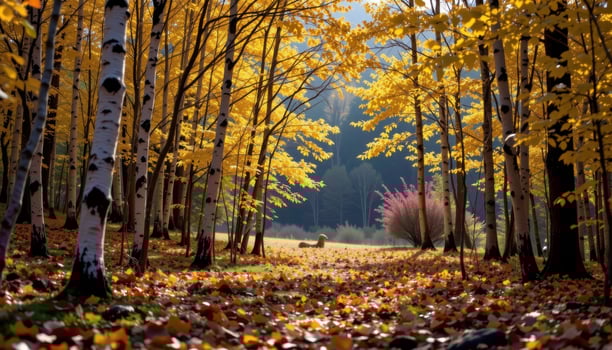 a quiet glade in a birch forest where golden leaves drift slowly to the ground. photo
