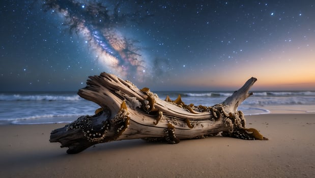 Driftwood on Sandy Beach Under Milky Way Stars at Twilight photo
