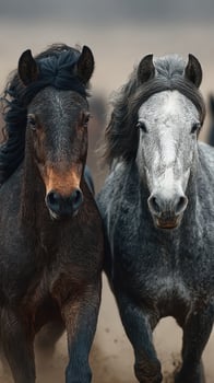 Two horses running side by side in a dusty landscape during late afternoon hours photo