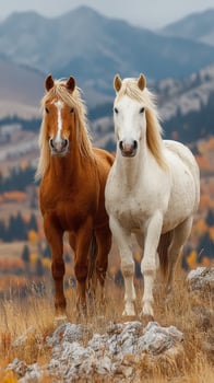 Two majestic horses stand together on rocky terrain in the mountains during autumn, showcasing their beautiful coats against a stunning backdrop photo