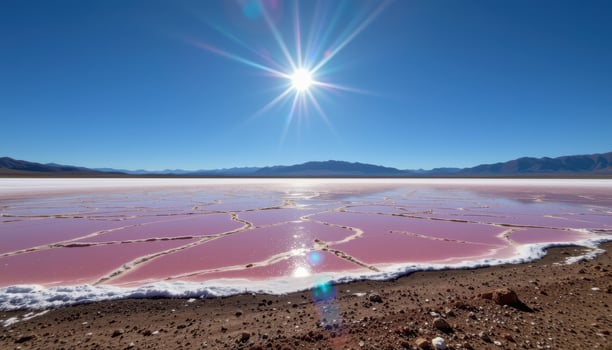 a remote salt lake glowing pink and white beneath the mid afternoon sun. photo