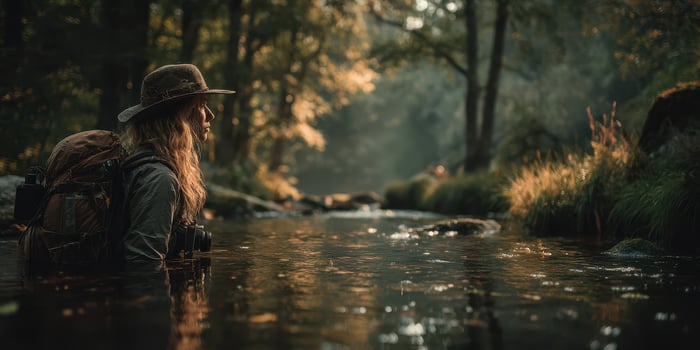 Exploring a serene forest stream at sunrise with a nature enthusiast capturing the moment quietly photo